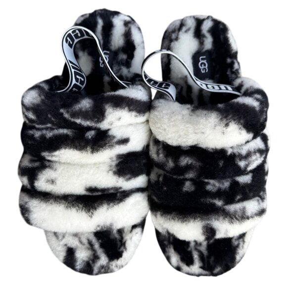 UGG Women's Size 7 Black & White Fluffy Oh Yeah Slippers With Elastic Strap - Picture 5 of 10